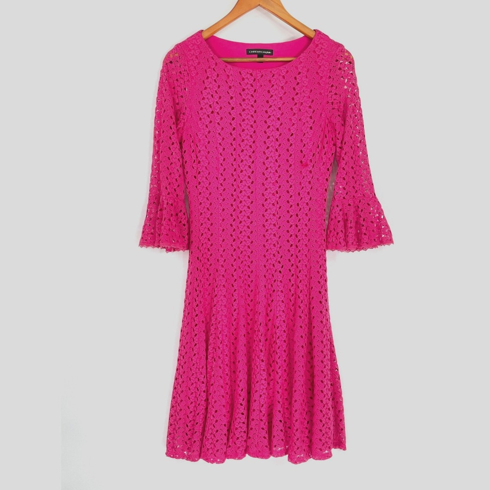 Chris McLaughlin Womens Dress 8 Fit Flare Pink Lace Bell‎ Sleeve